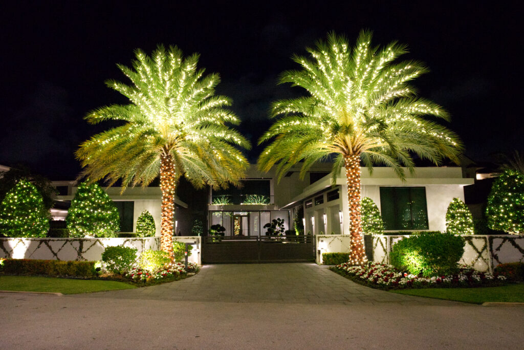 "Two majestic Medjool palm trees elegantly adorned with warm white holiday lights that wrap around their trunks and extend to the fronds, beautifully illuminating the front of a stunning home during the festive season."